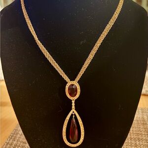 Monet NWT Vntg Gold Necklace Faceted Deep Ruby Red and Clear Rhinestones Accents